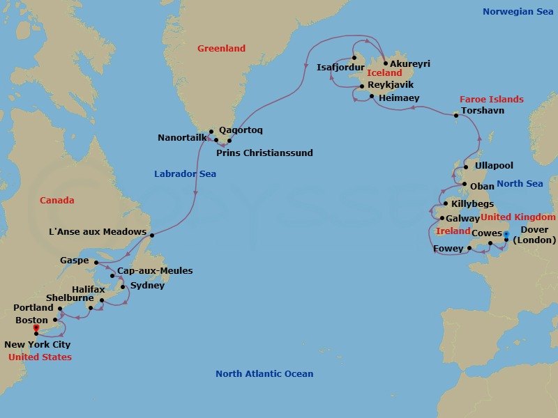 36 Night - Solar Eclipse, Iceland, Greenland & Canada - Seabourn Ovation - Starting in Dover UK (London), England, Cowes, Isle of Wight, England, UK, Fowey, Cornwall, United Kingdom, Galway, Ireland, Killybegs, Donegal, Ireland, Oban UK, Scotland, Ullapool, Scotland, United Kingdom, Torshavn, Faroe Islands, Heimaey, Westman Islands, Iceland, Reykjavik, Iceland, Isafjordur, Iceland, Akureyri, Iceland, Cruising Prins Christian Sund, Nanortalik, Greenland, Scenic cruising Tasermiut Fjord, Qaqortoq, Greenland, L Anse aux Meadows, Newfoundland, Canada, Gaspe, Quebec, Canada, Cap-aux-Meules, Iles de la Madeleine, Quebec, Canada, Sydney NS, Nova Scotia, Canada, Halifax, Nova Scotia, Canada, Shelburne, Nova Scotia, Canada, Portland ME, Boston, Massachusetts, New York itinerary map