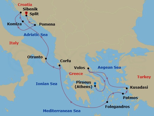 10 Night - Athens to Split - Silver Wind - Starting in Athens (Piraeus), Volos, Kusadasi, Patmos, Folegandros, Corfu, Otranto, Komiza, Sibenik, Pomena, Split itinerary map