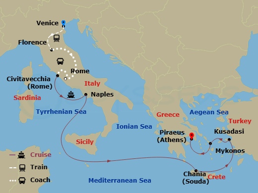 13 Night - Classic Italy - Tour 4A - Sun Princess Tours - Starting in Venice, Italy, Florence, Italy, Rome, Italy, Civitavecchia (for Rome), Italy, Naples, Italy (for Capri and Pompeii), Crete (Chania), Greece, Kusadasi, Turkey (for Ephesus), Mykonos, Greece, Athens (Piraeus), Greece itinerary map