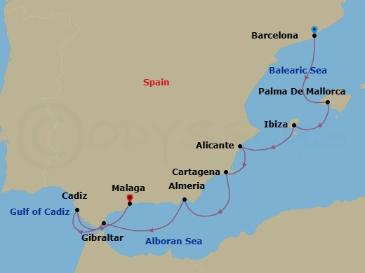 8 Night - Catalonia to Andalusia - Emerald Sakara - Starting in Barcelona, Spain, Palma De Mallorca, Spain, Ibiza, Spain, Alicante, Spain, Cartagena ES, Almeria, Spain, Gibraltar, Cadiz, Spain, Malaga, Spain itinerary map
