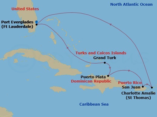 8 Night - Eastern Caribbean Cruise - Celebrity Summit - Starting in Fort Lauderdale, Florida, Grand Turk, Turks and Caicos, Puerto Plata, Dominican Republic, San Juan, Puerto Rico, Charlotte Amalie, St Thomas, Fort Lauderdale, Florida itinerary map
