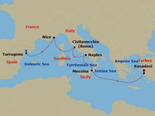 7 Night - Mediterranean Rivieras : Spain, France & Italy (Eastbound) - Celestyal Discovery - Starting in Tarragona, Spain, Nice, France, Civitavecchia, Italy, Napoli, Italy, Messina, Italy, Kusadasi itinerary map