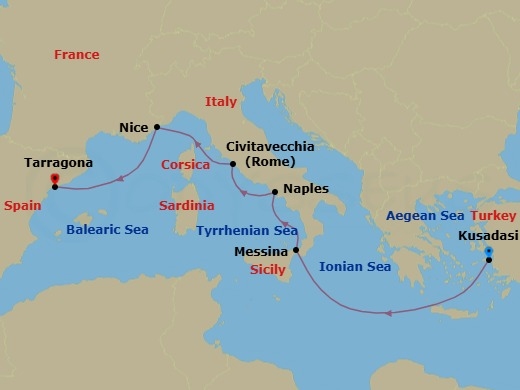 7 Night - Mediterranean Rivieras : Italy, France & Spain (Westbound) - Celestyal Discovery - Starting in Kusadasi, Messina, Italy, Napoli, Italy, Civitavecchia, Italy, Nice, France, Tarragona, Spain itinerary map