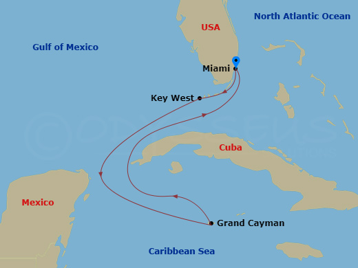 5 Night - Key West & Western Caribbean - Margaritaville Beachcomber - Starting in Miami, Key West, FL, George Town, Grand Cayman, Miami itinerary map