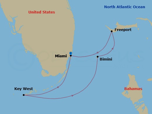 5 Night - Key West & Bahamas - Margaritaville Beachcomber - Starting in Miami, Key West, FL, Bimini, Bahamas, Freeport, Grand Bahama, Miami itinerary map