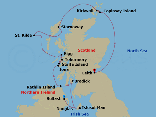 11 Night - British Isles of Legend - Seabourn Venture - Starting in Belfast, Northern Ireland, United Kingdom, Calf of Man, Isle of Man, Douglas, Isle of Man, Brodick, Isle of Arran, United Kingdom, Rathlin Island, Northern Ireland, UK, Baile Mor, Iona, Scotland, UK, Staffa, Scotland, UK, Tobermory, Island of Mull, Scotland, United Kingdom, Isle of Eigg, Scotland, UK, Am Baile, St Kilda, Scotland, United Kingdom, Scenic cruising Isles of St Kilda, Stornoway, Isle of Lewis, Scotland, United Kingdom, Kirkwall, Scotland, United Kingdom, Copinsay Island, Scotland, United Kingdom, Leith (Edinburgh), Scotland, United Kingdom itinerary map