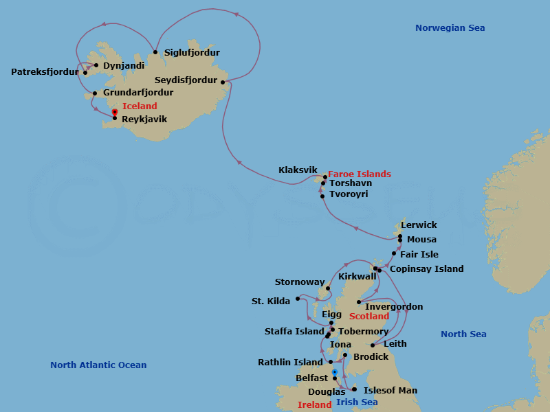 25 Night - Great Britain, Wild Scottish Isles & Iceland - Seabourn Venture - Starting in Belfast, Northern Ireland, United Kingdom, Calf of Man, Isle of Man, Douglas, Isle of Man, Brodick, Isle of Arran, United Kingdom, Rathlin Island, Northern Ireland, UK, Baile Mor, Iona, Scotland, UK, Staffa, Scotland, UK, Tobermory, Island of Mull, Scotland, United Kingdom, Isle of Eigg, Scotland, UK, Am Baile, St Kilda, Scotland, United Kingdom, Scenic cruising Isles of St Kilda, Stornoway, Isle of Lewis, Scotland, United Kingdom, Kirkwall, Scotland, United Kingdom, Copinsay Island, Scotland, United Kingdom, Leith (Edinburgh), Scotland, United Kingdom, Invergordon (Inverness), Scotland, United Kingdom, Kirkwall, Scotland, United Kingdom, Fair Isle, Shetland Islands, Scotland, UK, Mousa, Shetland Islands, Scotland, UK, Isle of Noss, Shetland Islands, Scotland, United Kingdom, Lerwick, Shetland Islands, United Kingdom, Tvoroyri, Faroe Islands, Torshavn, Faroe Islands, Klaksvik, Faroe Islands, Seydisfjordur, Iceland, Siglufjordur, Iceland, Patreksfjordur, Iceland, Dynjandi, Iceland, Grundarfjordur, Iceland, Reykjavik, Iceland itinerary map