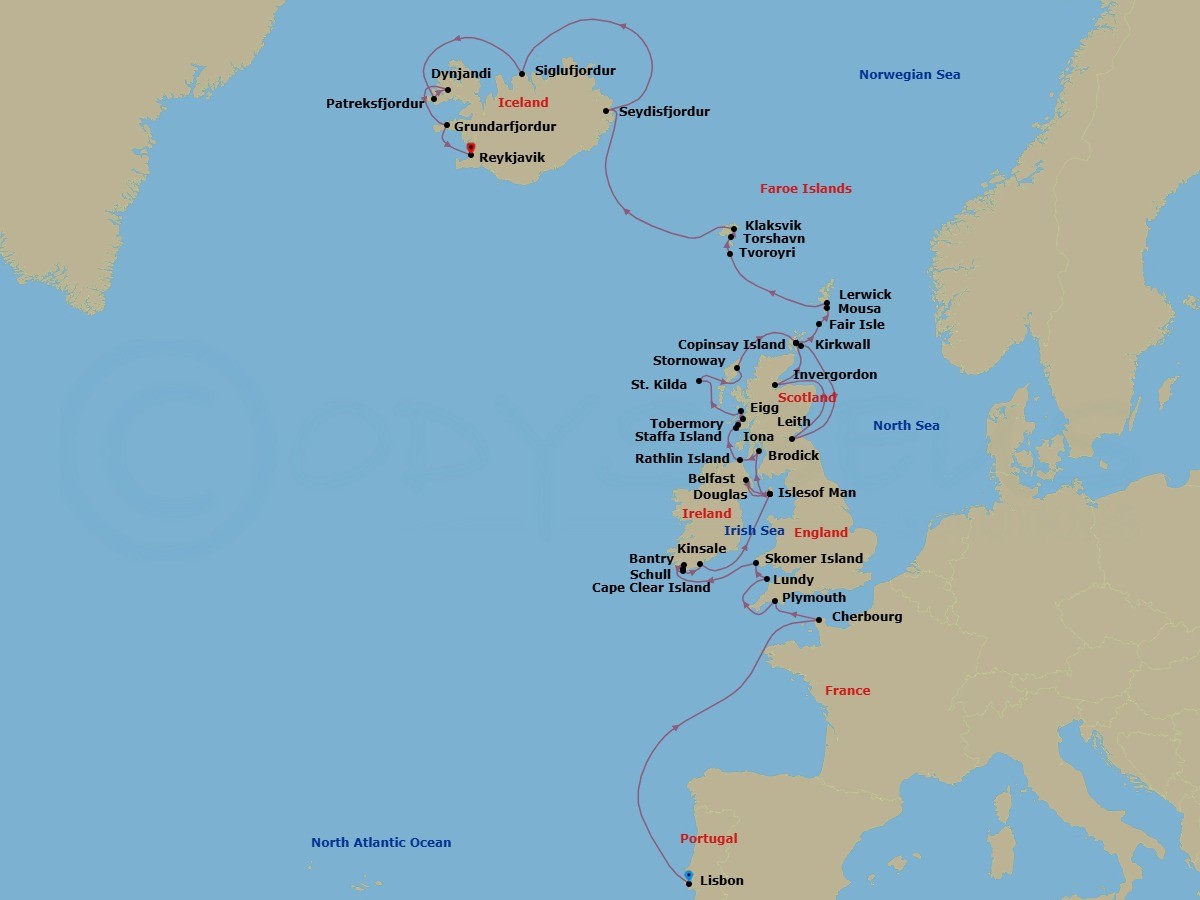 37 Night - Exploring Isles of the North Atlantic - Seabourn Venture - Starting in Lisbon, Portugal, Cherbourg (Normandy), France, Plymouth, England, United Kingdom, Lundy Island, United Kingdom, Skomer Island, Wales, United Kingdom, Bantry, Ireland, Schull, Ireland, Cape Clear Island, Ireland, Kinsale, Ireland, Calf of Man, Isle of Man, Belfast, Northern Ireland, United Kingdom, Calf of Man, Isle of Man, Douglas, Isle of Man, Brodick, Isle of Arran, United Kingdom, Rathlin Island, Northern Ireland, UK, Baile Mor, Iona, Scotland, UK, Staffa, Scotland, UK, Tobermory, Island of Mull, Scotland, United Kingdom, Isle of Eigg, Scotland, UK, Am Baile, St Kilda, Scotland, United Kingdom, Scenic cruising Isles of St Kilda, Stornoway, Isle of Lewis, Scotland, United Kingdom, Kirkwall, Scotland, United Kingdom, Copinsay Island, Scotland, United Kingdom, Leith (Edinburgh), Scotland, United Kingdom, Invergordon (Inverness), Scotland, United Kingdom, Kirkwall, Scotland, United Kingdom, Fair Isle, Shetland Islands, Scotland, UK, Mousa, Shetland Islands, Scotland, UK, Isle of Noss, Shetland Islands, Scotland, United Kingdom, Lerwick, Shetland Islands, United Kingdom, Tvoroyri, Faroe Islands, Torshavn, Faroe Islands, Klaksvik, Faroe Islands, Seydisfjordur, Iceland, Siglufjordur, Iceland, Patreksfjordur, Iceland, Dynjandi, Iceland, Grundarfjordur, Iceland, Reykjavik, Iceland itinerary map