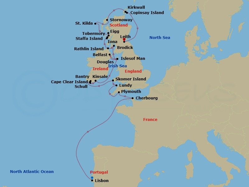 23 Night - Legendary Exploration of the British Isles - Seabourn Venture - Starting in Lisbon, Portugal, Cherbourg (Normandy), France, Plymouth, England, United Kingdom, Lundy Island, United Kingdom, Skomer Island, Wales, United Kingdom, Bantry, Ireland, Schull, Ireland, Cape Clear Island, Ireland, Kinsale, Ireland, Calf of Man, Isle of Man, Belfast, Northern Ireland, United Kingdom, Calf of Man, Isle of Man, Douglas, Isle of Man, Brodick, Isle of Arran, United Kingdom, Rathlin Island, Northern Ireland, UK, Baile Mor, Iona, Scotland, UK, Staffa, Scotland, UK, Tobermory, Island of Mull, Scotland, United Kingdom, Isle of Eigg, Scotland, UK, Am Baile, St Kilda, Scotland, United Kingdom, Scenic cruising Isles of St Kilda, Stornoway, Isle of Lewis, Scotland, United Kingdom, Kirkwall, Scotland, United Kingdom, Copinsay Island, Scotland, United Kingdom, Leith (Edinburgh), Scotland, United Kingdom itinerary map