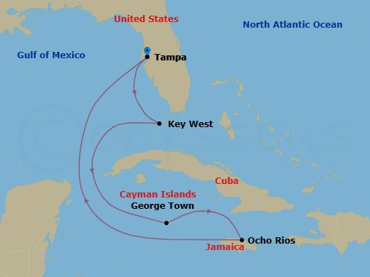 7 Night - Key West & Western Caribbean - Margaritaville Islander - Starting in Port Tampa Bay, Key West, FL, George Town, Grand Cayman, Ocho Rios, Jamaica, Port Tampa Bay itinerary map