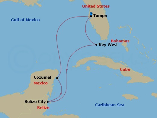 7 Night - Key West & Western Caribbean - Margaritaville Islander - Starting in Port Tampa Bay, Key West, FL, Belize City, Belize, Cozumel, Mexico, Port Tampa Bay itinerary map