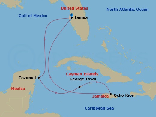 7 Night - Jamaica & Western Caribbean - Margaritaville Islander - Starting in Port Tampa Bay, Cozumel, Mexico, George Town, Grand Cayman, Ocho Rios, Jamaica, Port Tampa Bay itinerary map