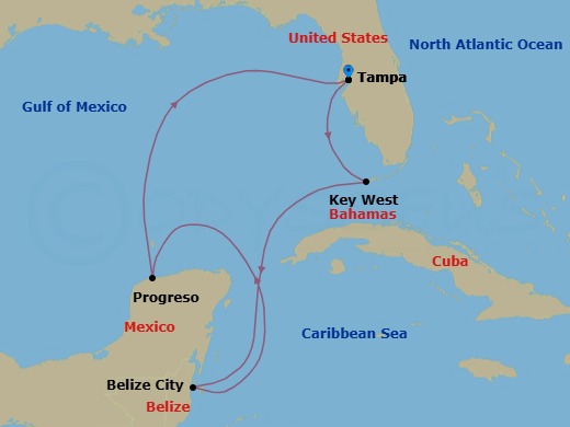 7 Night - Key West & Western Caribbean - Margaritaville Islander - Starting in Port Tampa Bay, Key West, FL, Belize City, Belize, Progreso, Mexico, Port Tampa Bay itinerary map