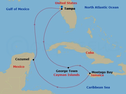 7 Night - Jamaica & Western Caribbean - Margaritaville Islander - Starting in Port Tampa Bay, George Town, Grand Cayman, Montego Bay, Jamaica, Cozumel, Mexico, Port Tampa Bay itinerary map