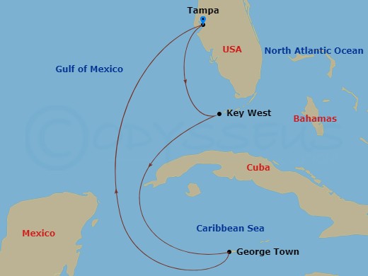 5 Night - Key West & Cayman - Margaritaville Islander - Starting in Port Tampa Bay, Key West, FL, George Town, Grand Cayman, Port Tampa Bay itinerary map