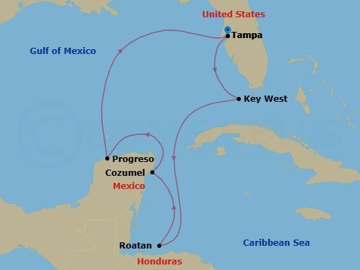 7 Night - Key West & Western Caribbean - Margaritaville Islander - Starting in Port Tampa Bay, Key West, FL, Roatan, Honduras, Cozumel, Mexico, Progreso, Mexico, Port Tampa Bay itinerary map