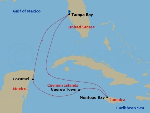 7 Night - Jamaica & Western Caribbean - Margaritaville Islander - Starting in Port Tampa Bay, Cozumel, Mexico, George Town, Grand Cayman, Montego Bay, Jamaica, Port Tampa Bay itinerary map