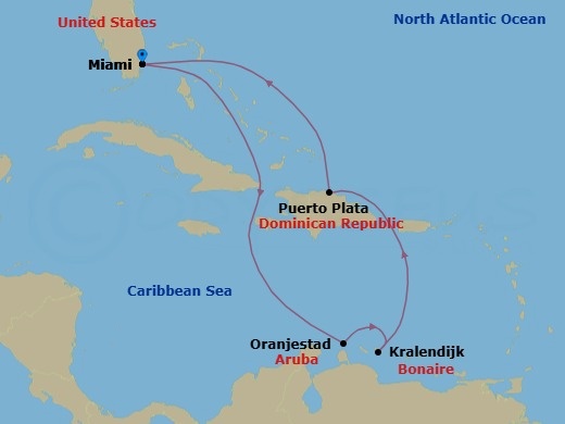 8 Night - Southern Caribbean - Margaritaville Beachcomber - Starting in Miami, Oranjestad, Aruba, Kralendijk, Bonaire, Puerto Plata, Dominican Republic, Miami itinerary map