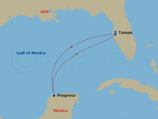 4 Night - Progreso Express - Margaritaville Islander - Starting in Port Tampa Bay, Progreso, Mexico, Port Tampa Bay itinerary map