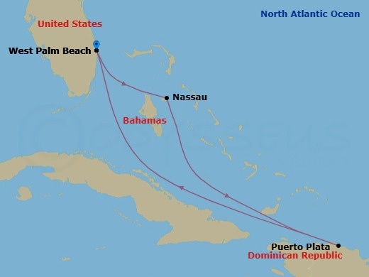 5 Night - Dominican Republic & Bahamas - Margaritaville Paradise - Starting in Port of Palm Beach, Nassau, Bahamas, Puerto Plata, Dominican Republic, Port of Palm Beach itinerary map