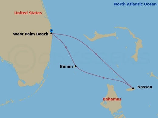 3 Night - Bahamas Duo - Margaritaville Paradise - Starting in Port of Palm Beach, Bimini, Bahamas, Nassau, Bahamas, Port of Palm Beach itinerary map