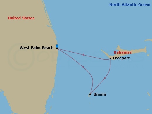 4 Night - Bahamas Duo - Margaritaville Paradise - Starting in Port of Palm Beach, Freeport, Grand Bahama, Bimini, Bahamas, Port of Palm Beach itinerary map