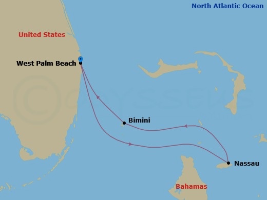 4 Night - Bahamas Duo - Margaritaville Paradise - Starting in Port of Palm Beach, Nassau, Bahamas, Bimini, Bahamas, Port of Palm Beach itinerary map