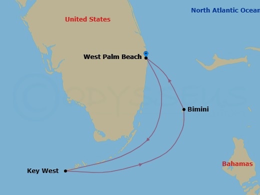 4 Night - Key West & Bimini - Margaritaville Paradise - Starting in Port of Palm Beach, Key West, FL, Bimini, Bahamas, Port of Palm Beach itinerary map
