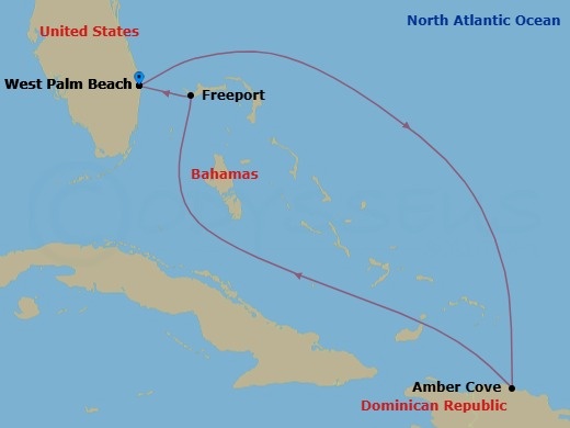 5 Night - Dominican Republic & Bahamas - Margaritaville Paradise - Starting in Port of Palm Beach, Amber Cove, Freeport, Grand Bahama, Port of Palm Beach itinerary map