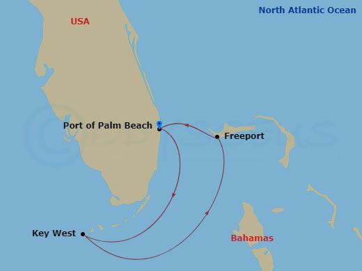 4 Night - Key West & Grand Bahama - Margaritaville Paradise - Starting in Port of Palm Beach, Key West, FL, Freeport, Grand Bahama, Port of Palm Beach itinerary map