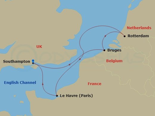 5 Night - Zeebrugge, Rotterdam and Le Havre - Queen Mary 2 - Starting in Southampton, England, UK, Zeebrugge (tours to Bruges), Belgium, Rotterdam, Netherlands, Le Havre, France, Southampton, England, UK itinerary map