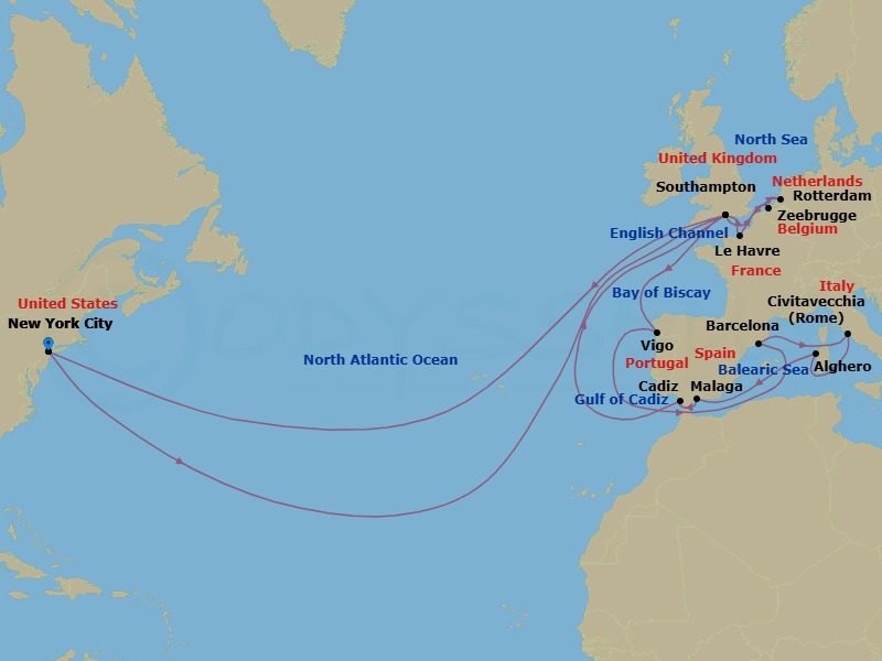 34 Night - Mediterranean and Northern Europe - Queen Mary 2 - Starting in New York, NY, Southampton, England, UK, Zeebrugge (tours to Bruges), Belgium, Rotterdam, Netherlands, Le Havre, France, Southampton, England, UK, Vigo (tours to Santiago de Compostela), Spain, Barcelona, Spain, Civitavecchia (tours to Rome), Italy, Alghero, Sardinia, Italy, Malaga (tours to Granada), Spain, Cadiz (tours to Seville), Spain, Southampton, England, UK, New York, NY itinerary map
