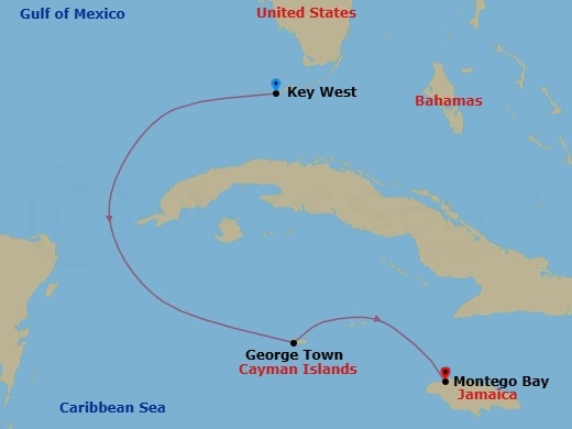 7 Night - Key West & Western Caribbean - Margaritaville Islander - Starting in Port Tampa Bay, Key West, FL, George Town, Grand Cayman, Montego Bay, Jamaica, Port Tampa Bay itinerary map
