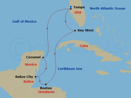 7 Night - Key West & Western Caribbean - Margaritaville Islander - Starting in Port Tampa Bay, Key West, FL, Roatan, Honduras, Belize City, Belize, Cozumel, Mexico, Port Tampa Bay itinerary map