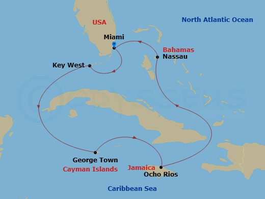 7 Night - Key West, Bahamas & Western Caribbean - Margaritaville Beachcomber - Starting in Miami, Key West, FL, George Town, Grand Cayman, Ocho Rios, Jamaica, Nassau, Bahamas, Miami itinerary map