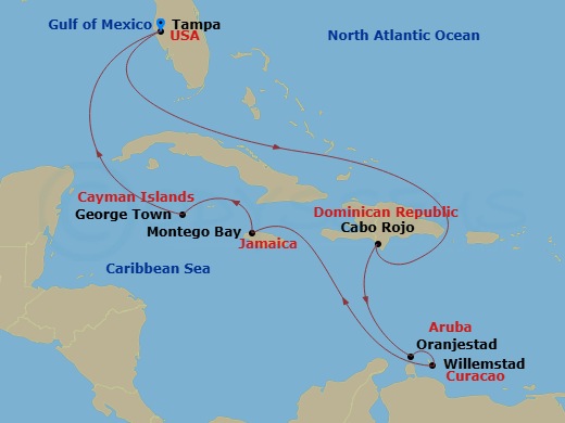 10 Night - Southern & Western Caribbean - Margaritaville Islander - Starting in Port Tampa Bay, Cabo Rojo, Dominican Republic, Oranjestad, Aruba, Willemstad AN, Curacao, Montego Bay, Jamaica, George Town, Grand Cayman, Port Tampa Bay itinerary map
