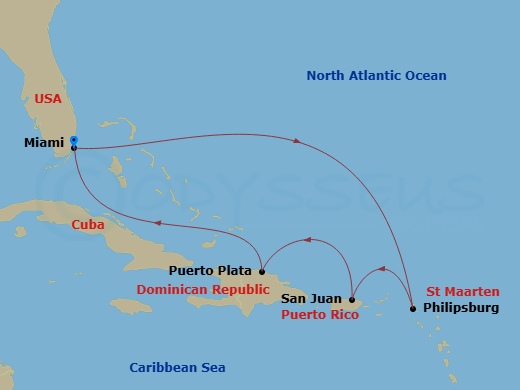 7 Night - Eastern Caribbean - Margaritaville Beachcomber - Starting in Miami, St Maarten, San Juan, Puerto Rico, Puerto Plata, Dominican Republic, Miami itinerary map