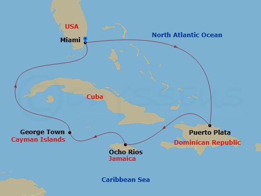 7 Night - Dominican Republic & Western Caribbean - Margaritaville Beachcomber - Starting in Miami, Puerto Plata, Dominican Republic, Ocho Rios, Jamaica, George Town, Grand Cayman, Miami itinerary map