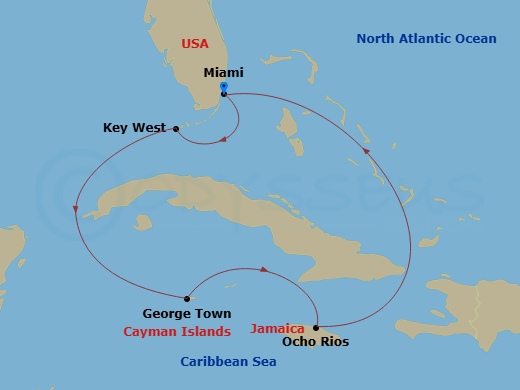 7 Night - Key West & Western Caribbean - Margaritaville Beachcomber - Starting in Miami, Key West, FL, George Town, Grand Cayman, Ocho Rios, Jamaica, Miami itinerary map