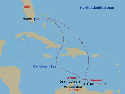 8 Night - Abc Islands Southern Caribbean - Margaritaville Beachcomber - Starting in Miami, Oranjestad, Aruba, Kralendijk, Bonaire, Willemstad AN, Curacao, Miami itinerary map