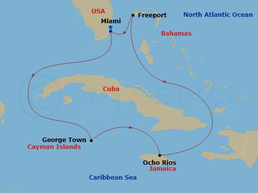 6 Night - Bahamas & Western Caribbean - Margaritaville Beachcomber - Starting in Miami, George Town, Grand Cayman, Ocho Rios, Jamaica, Freeport, Grand Bahama, Miami itinerary map