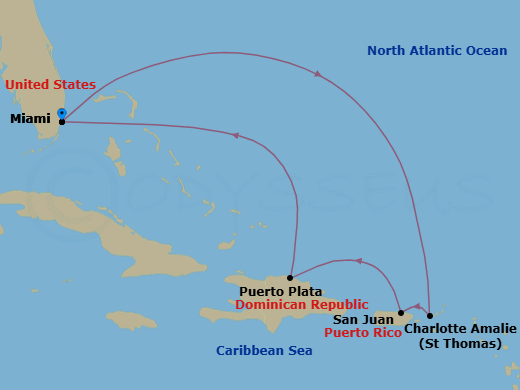 7 Night - Eastern Caribbean - Margaritaville Beachcomber - Starting in Miami, St Thomas, US Virgin Islands, San Juan, Puerto Rico, Puerto Plata, Dominican Republic, Miami itinerary map