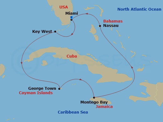 7 Night - Key West, Bahamas & Western Caribbean - Margaritaville Beachcomber - Starting in Miami, Key West, FL, George Town, Grand Cayman, Montego Bay, Jamaica, Nassau, Bahamas, Miami itinerary map