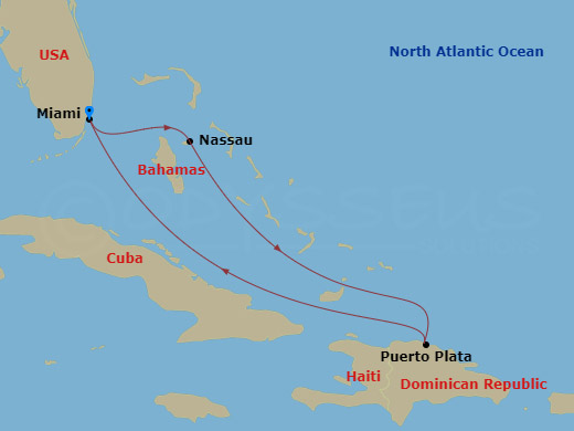 5 Night - Bahamas & Eastern Caribbean - Margaritaville Beachcomber - Starting in Miami, Nassau, Bahamas, Puerto Plata, Dominican Republic, Miami itinerary map
