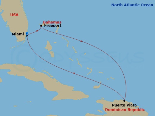 5 Night - Bahamas & Eastern Caribbean - Margaritaville Beachcomber - Starting in Miami, Freeport, Grand Bahama, Puerto Plata, Dominican Republic, Miami itinerary map