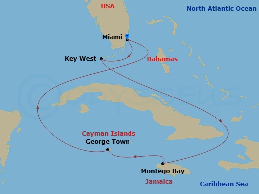 6 Night - Key West & Western Caribbean - Margaritaville Beachcomber - Starting in Miami, Key West, FL, Montego Bay, Jamaica, George Town, Grand Cayman, Miami itinerary map