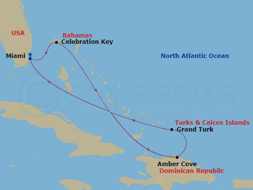 7 Night - Grand Cayman, Jamaica & Bahamas / 3-Ship Meet-Up Ft. Zac Brown Band - Margaritaville Beachcomber - Starting in Miami, George Town, Grand Cayman, Ocho Rios, Jamaica, Nassau, Bahamas, Miami itinerary map