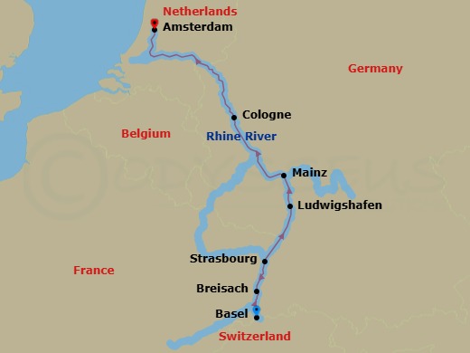 7 Night - City Escape : Strasbourg & the Rhine (Amabrazil) - AmaSofia - Starting in Basel, Breisach, Strasbourg, Ludwigshafen, Mainz, Cologne, Amsterdam itinerary map