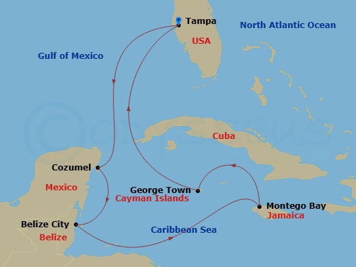 8 Night - Jamaica & Western Caribbean - Margaritaville Islander - Starting in Port Tampa Bay, Cozumel, Mexico, Belize City, Belize, Montego Bay, Jamaica, George Town, Grand Cayman, Port Tampa Bay itinerary map