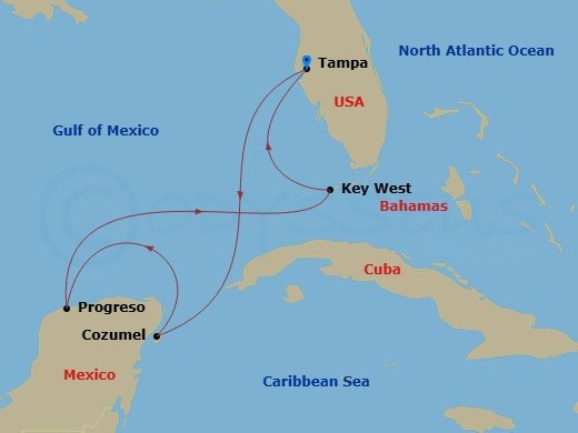 7 Night - Key West & Mexico - Margaritaville Islander - Starting in Port Tampa Bay, Cozumel, Mexico, Progreso, Mexico, Key West, FL, Port Tampa Bay itinerary map